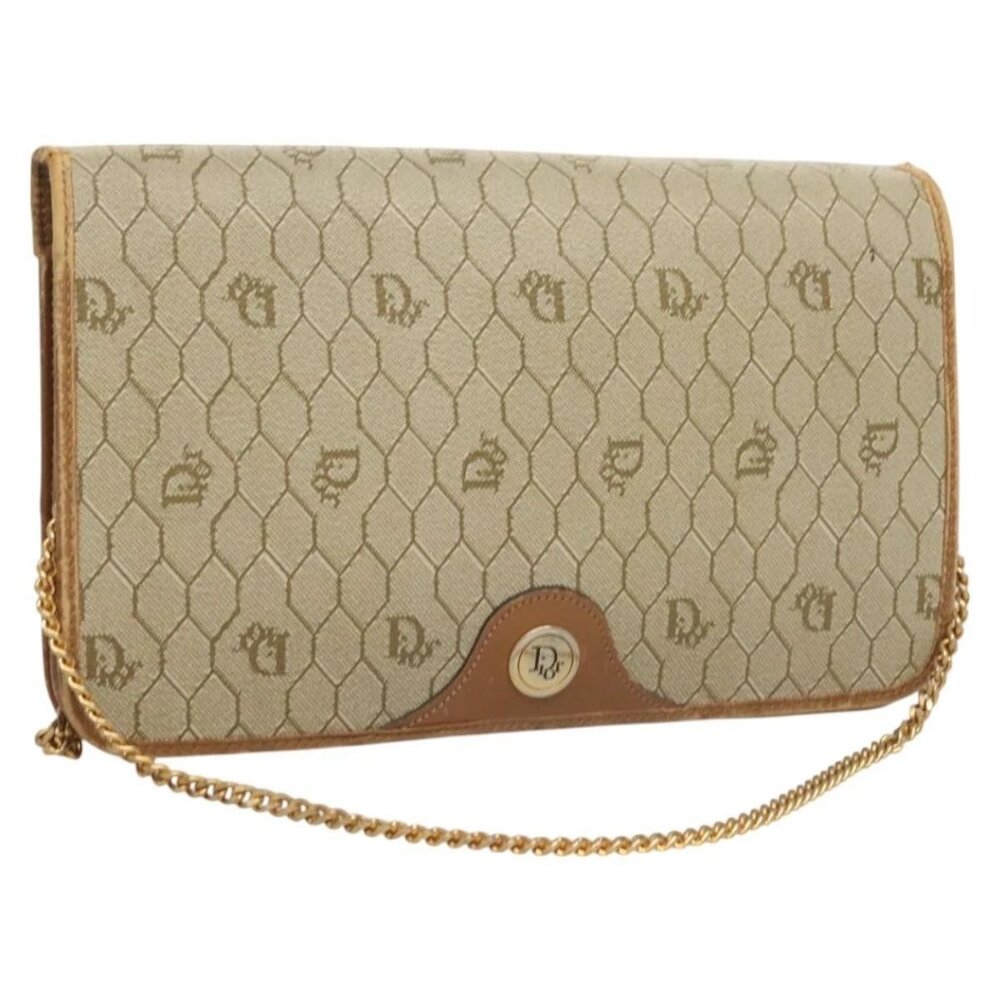 Christian Dior Honeycomb Canvas Chain Shoulder Bag PVC Beige Gold Auth ti3242